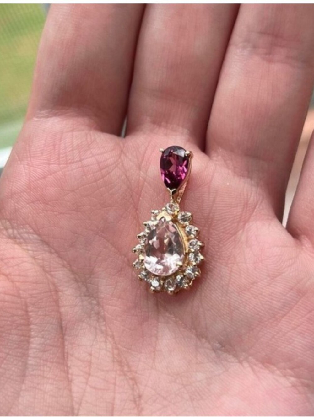Stunning 14k gold morganite, rhodolite garnet and white sapphire pendant